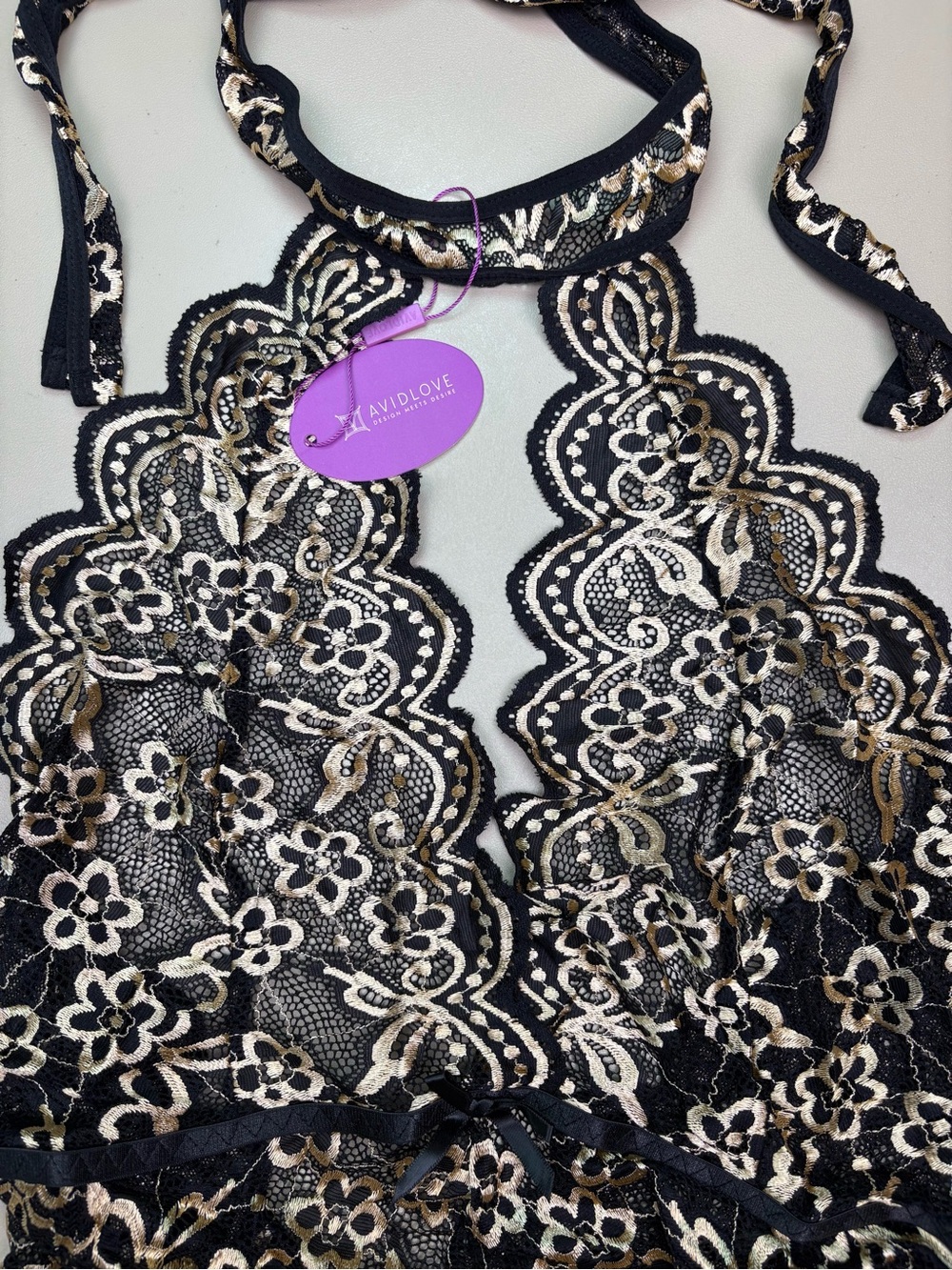 Avidlove Lace Teddy Bodysuit Black Gold Halter Cutout Lingerie 18W NWT - Picture 7 of 10